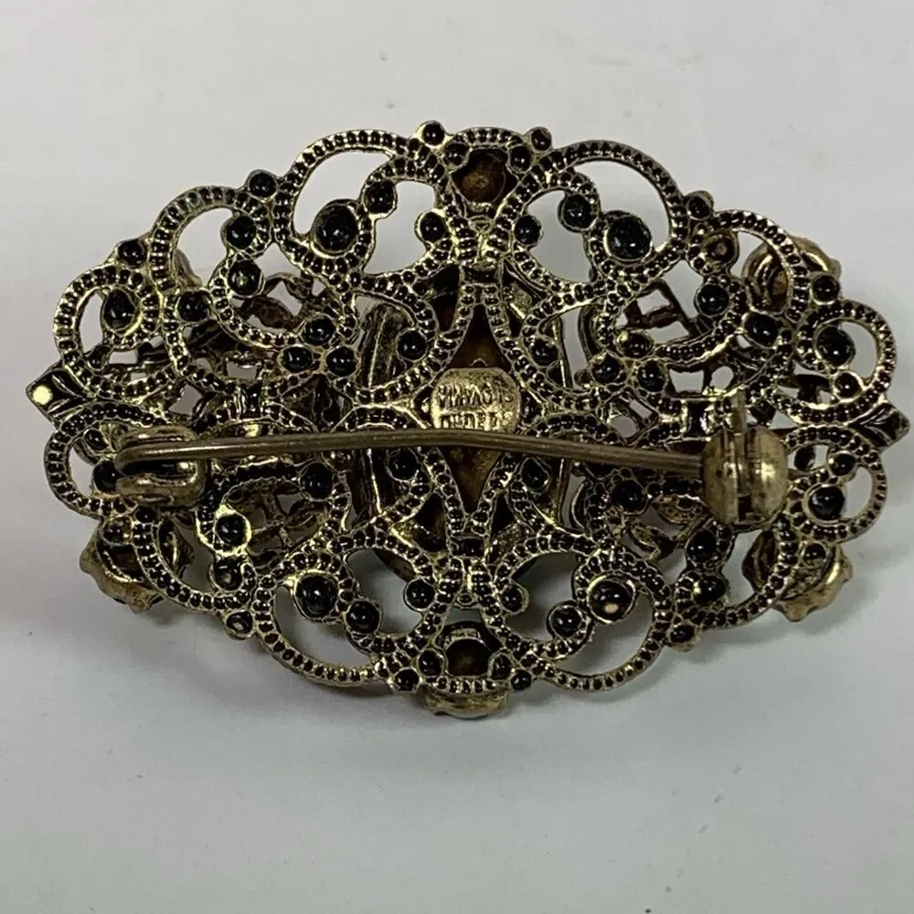 Vintage Brooch Czech Gold Tone Filigree Pin Green Stones Ornate Jewelry 1.25”
